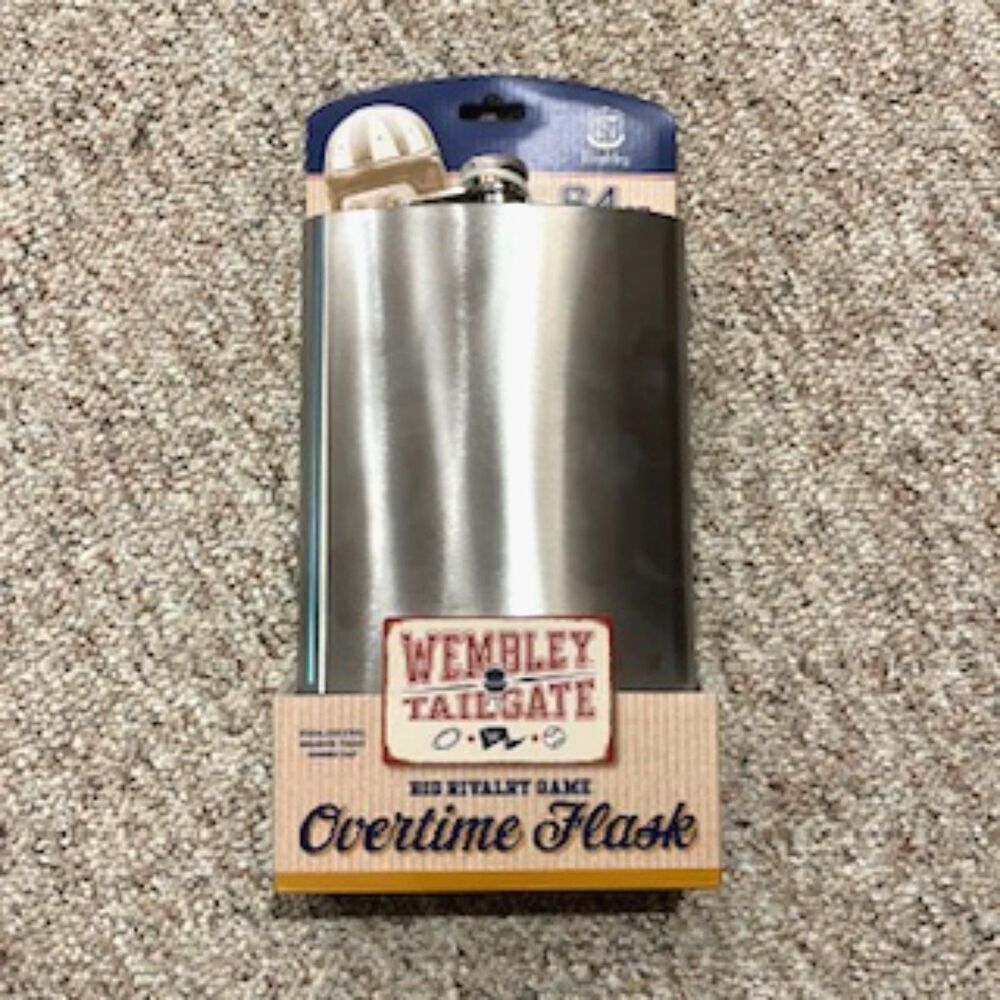 64 Oz Brushed Stainless Steel Flask . Wembly Tailgate Overtime . New in Box